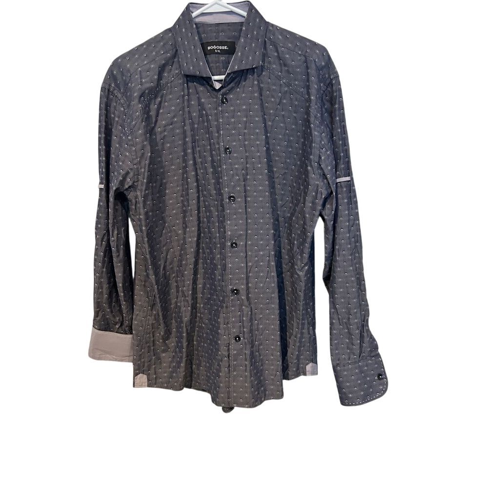 Bogosse Luxury Long‎ Sleeve Men's Dress Shirt XL Contrasting Flip Cuffs Gray